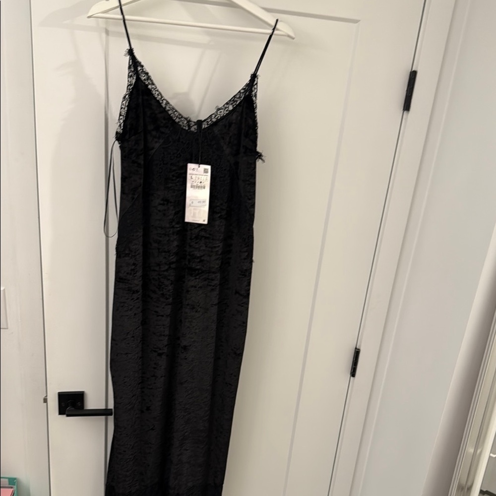 Zara Elegant Black Lace Trim Slip Dress